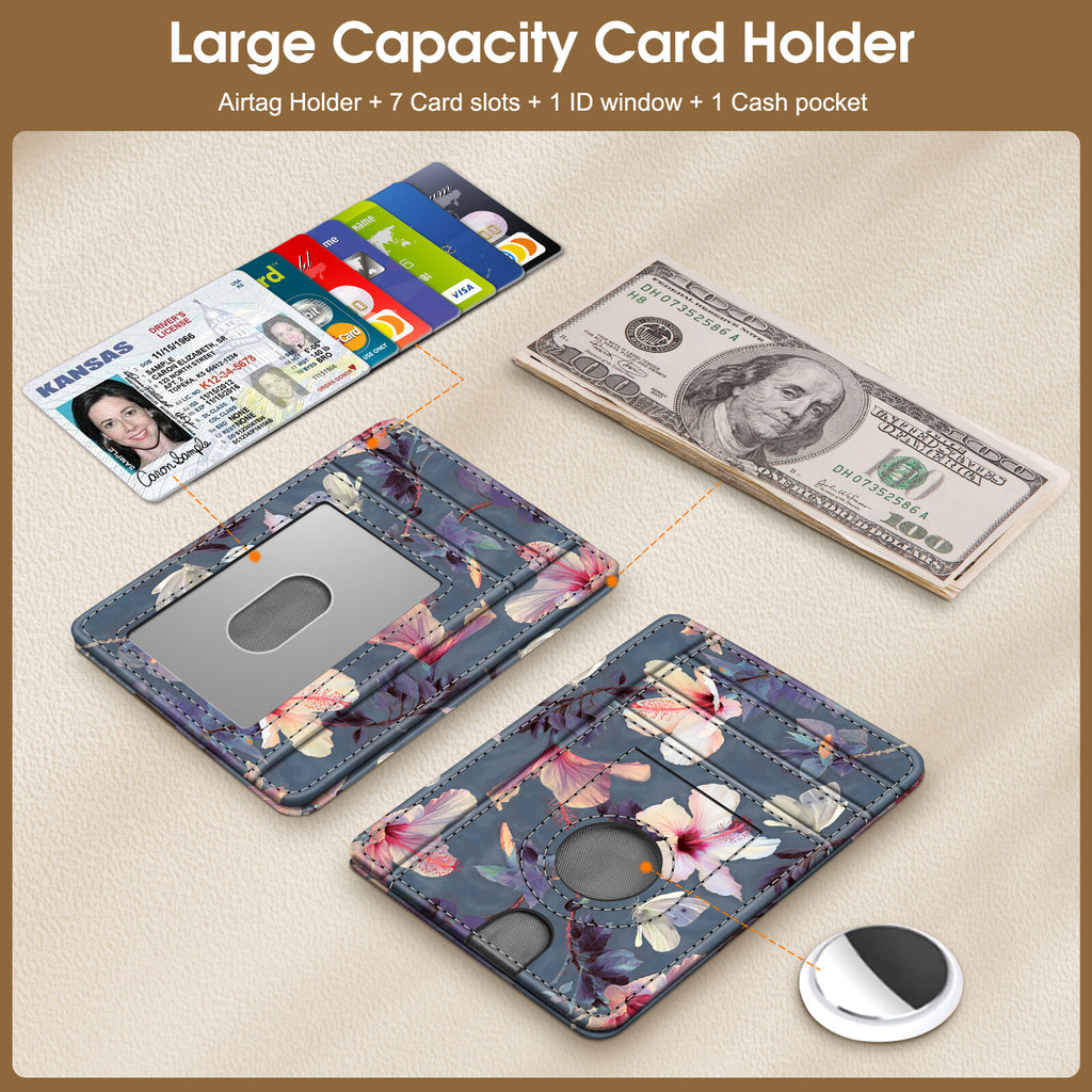 7 Slots Leather Wallet with Airtag Holder, RFID Blocking Cash Credit Card Wallet