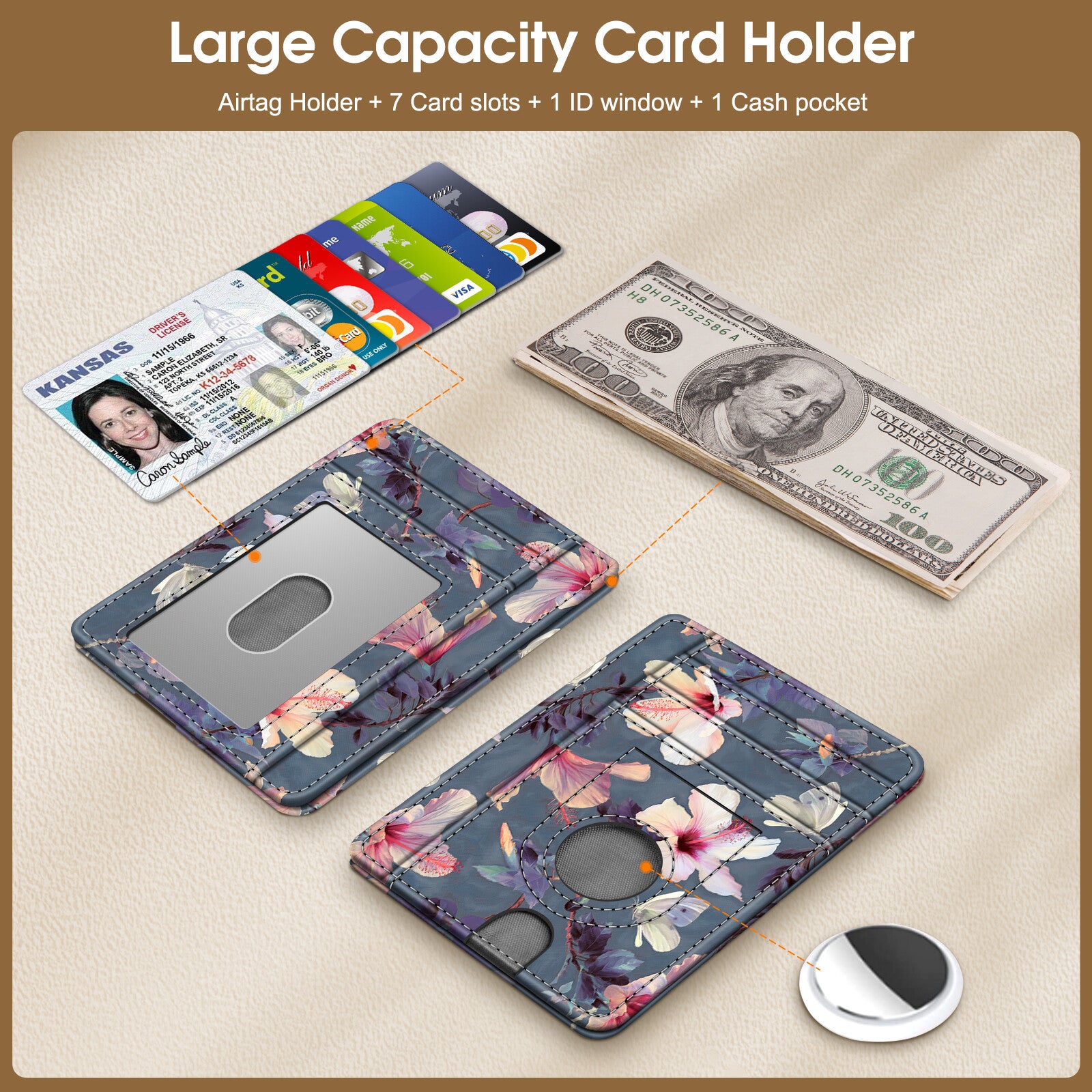7 Slots Leather Wallet with Airtag Holder, RFID Blocking Cash Credit Card Wallet