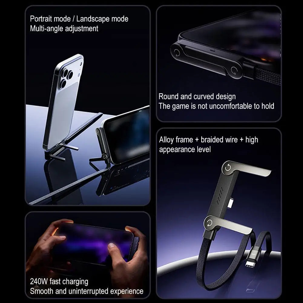 2 in 1 240W PD USB C Cable Foldable Rotatable Phone Stand 90° Elbow Gaming Braided 480Mbps Fast Charging Data Wir