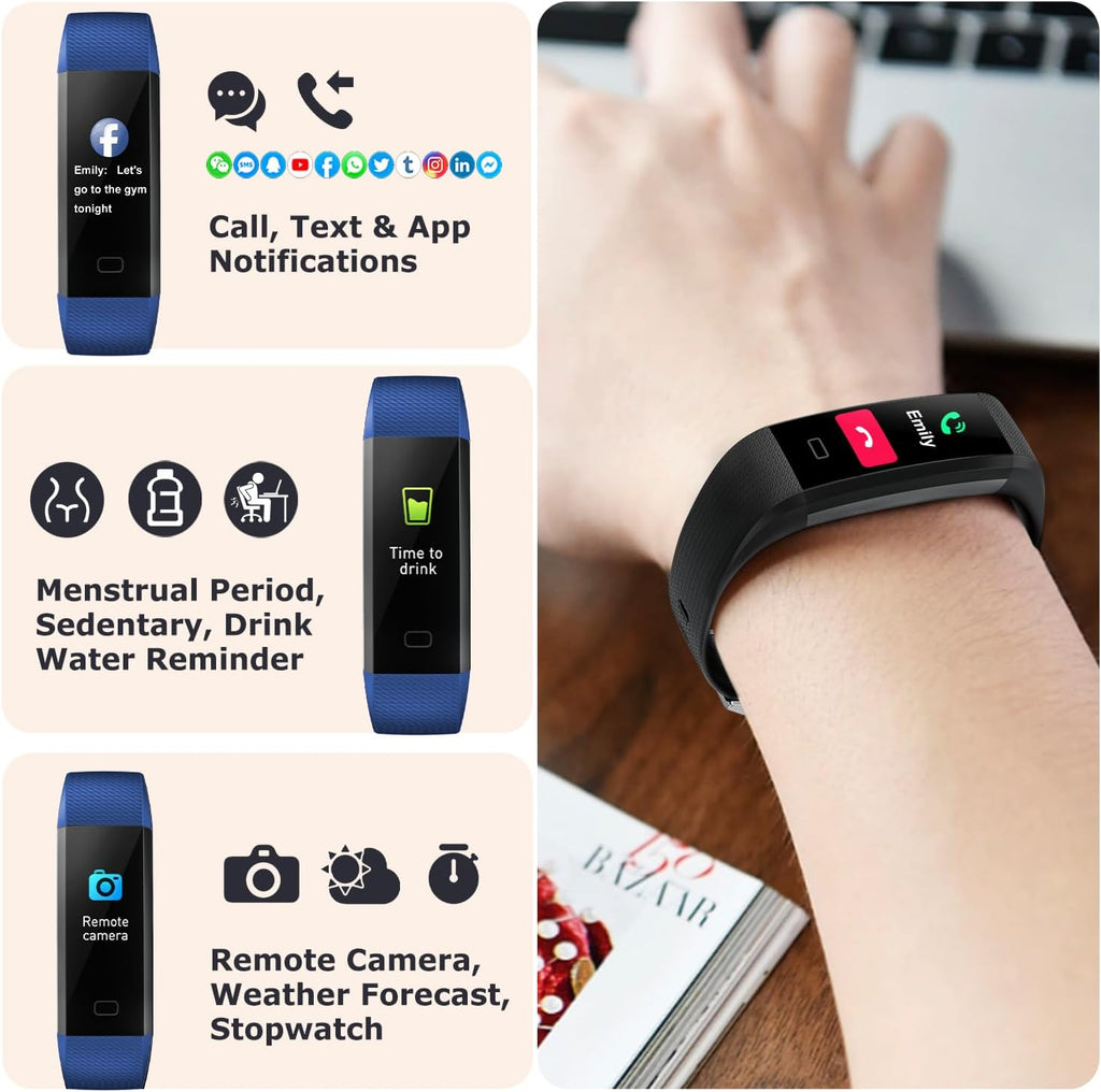 Fitness Tracker with Step/Distance/Calories Counter for Women Men | Heart Rate Monitor, Slim Style Watch, IP68 Waterproof, Sleep Monitor, Pedometer Watch, Deep Blue Band