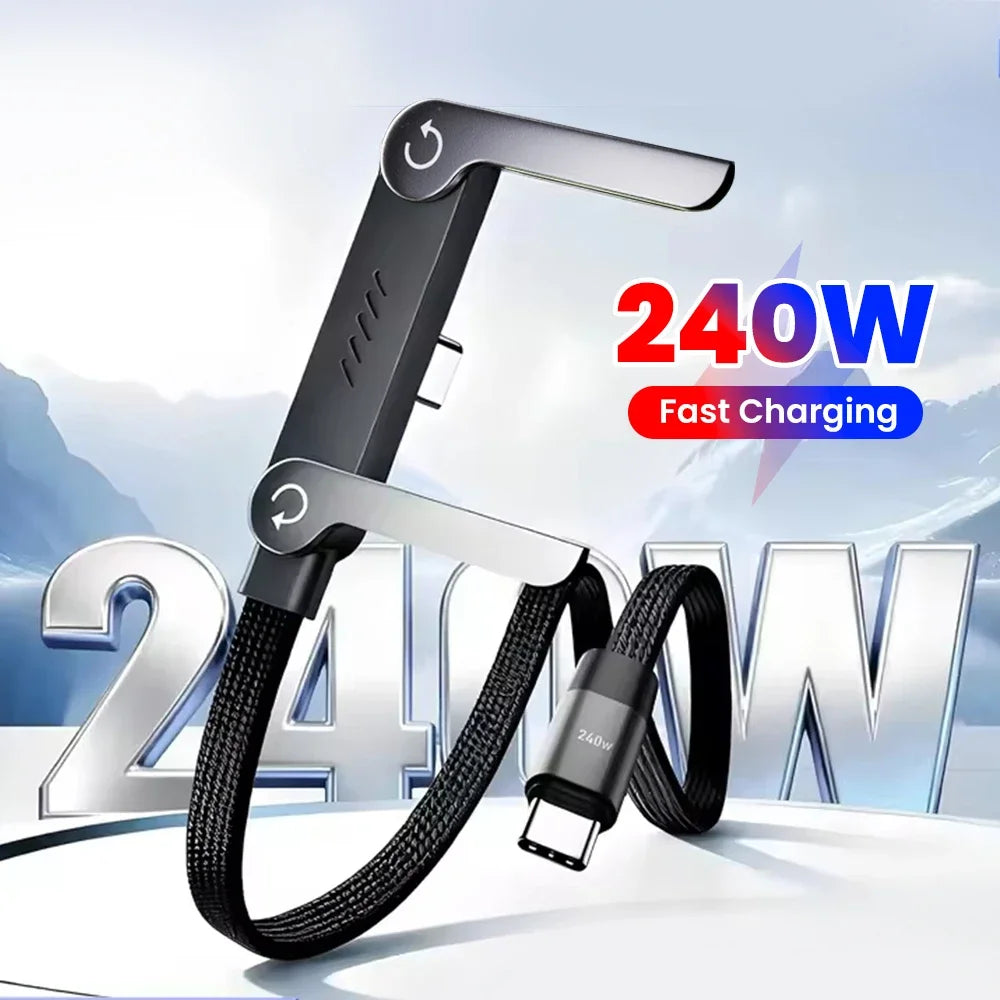 2 in 1 240W PD USB C Cable Foldable Rotatable Phone Stand 90° Elbow Gaming Braided 480Mbps Fast Charging Data Wir